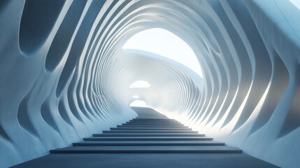 Naklejka premium Abstract futuristic architecture, stairs leading to bright light at the end of a wavy tunnel.