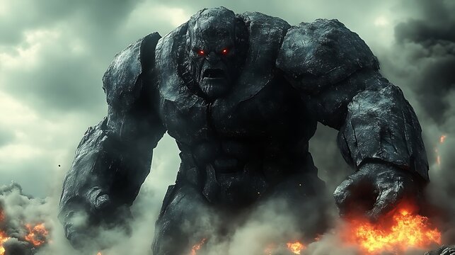 Angry stone giant monster amidst flames and smoke.