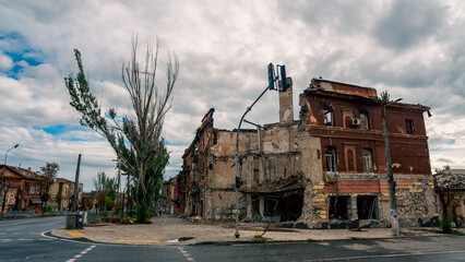 destroyed and burned houses in the city in Ukraine