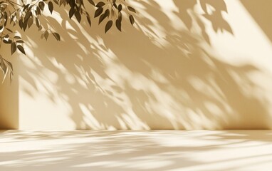 Obraz premium Beige wall with leaf shadows and empty floor.