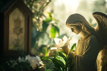 Angel holding lily flower in soft sunlight with religious picture frame
