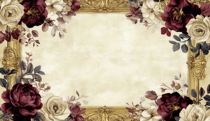 Elegant Roses and Gold Frame Bordering a Vintage Cream Background..