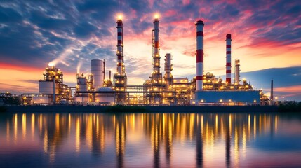 Fototapeta premium A large industrial plant is lit up at night, with the lights reflecting off the water. The scene is serene and peaceful, with the calm water and the bright lights creating a beautiful contrast