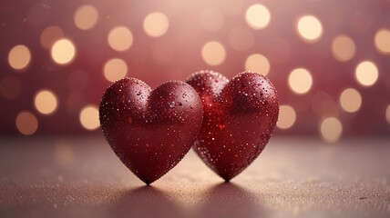 Fototapeta premium Glittery Red Heart Ornaments with Shimmering Lights and Bokeh V1