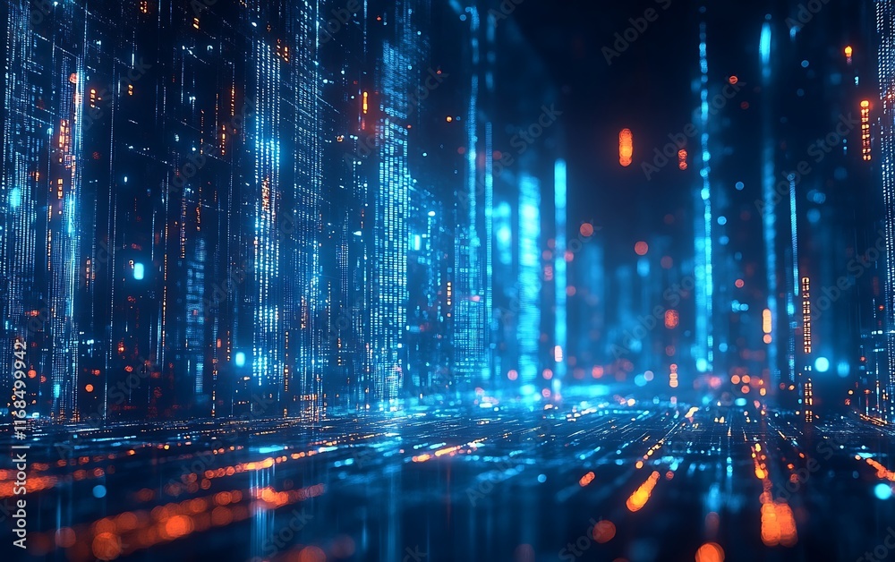 Aufkleber abstract digital city with glowing lights and data streams.