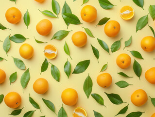 Minimalist orange and green fruit pattern on a soft yellow background, ideal for summer designs. The flat lay style image exudes refreshment and vibrancy, perfect for adding a natural touch to any pro