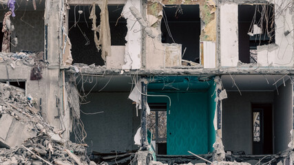 destroyed and burned houses in the city in Ukraine