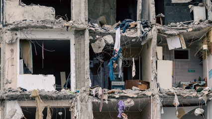 destroyed and burned houses in the city in Ukraine