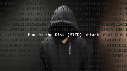 Cyber attack man-in-the-disk (mitd) attack text in foreground screen, anonymous hacker hidden with hoodie in the blurred background. Vulnerability text in binary system code on editor program.
