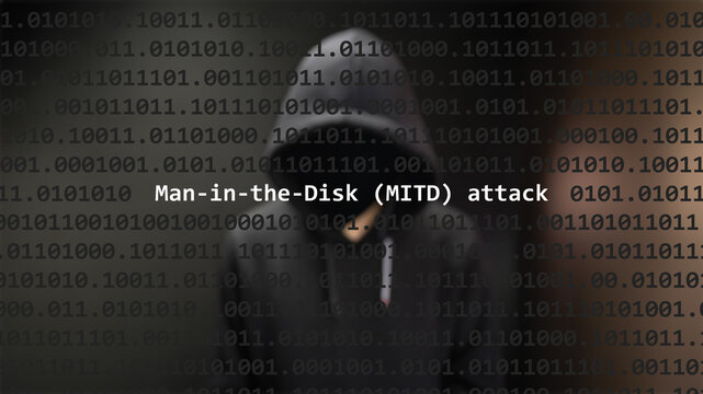 Cyber attack man-in-the-disk (mitd) attack text in foreground screen, anonymous hacker hidden with hoodie in the blurred background. Vulnerability text in binary system code on editor program.