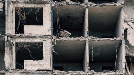 destroyed and burned houses in the city in Ukraine