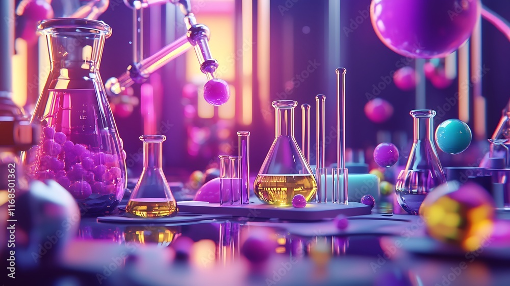 Poster 3d rendering of a vibrant laboratory scene with colorful chemicals and glassware.
