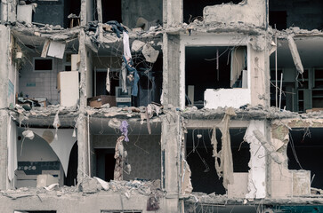 destroyed and burned houses in the city in Ukraine