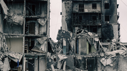 destroyed and burned houses in the city in Ukraine
