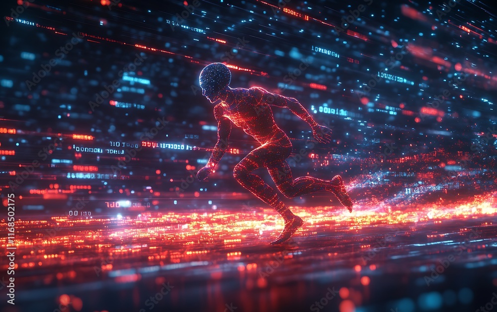 Poster Digital runner sprinting through data stream.