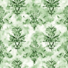 Watercolor Soft Green Damask Pattern on White with Light Sage Accents