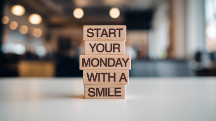 Four light-brown wooden blocks stacked on a white surface, each displaying a word or phrase from "Start your Monday with a smile" in a dark brown sans-serif font, a positive, motivational message
