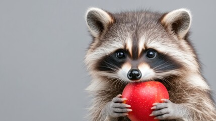 Obraz premium A raccoon holding a red apple against a gray background.