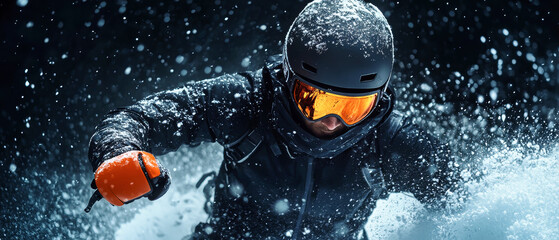 Dynamic skier carving through powdery snow amidst a dramatic backdrop of swirling flakes