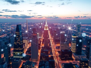 Digital data stream processing above urban cityscape, skyline, internet