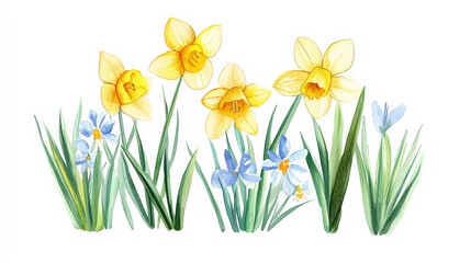 Fototapeta premium Bright watercolor painting of spring flowers with daffodils and blue blooms