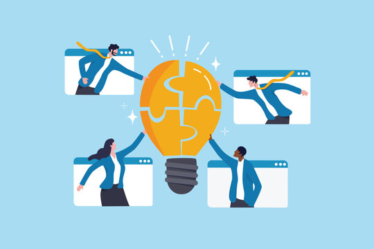 Team idea, teamwork solving problem, office meeting discussion brainstorm, innovation or creativity to success concept, business people staff, employees work together complete lightbulb jigsaw puzzle.