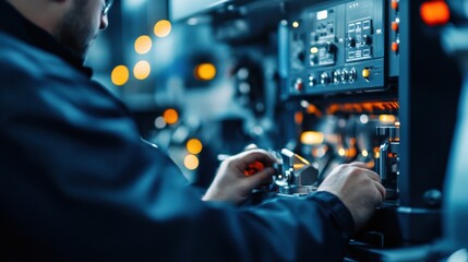 A technician operates advanced equipment surrounded by illuminated controls and screens, showcasing a high-tech environment.