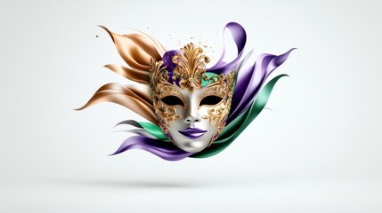 Colorful masquerade mask with flowing ribbons and decorative elements.