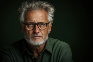 Obraz premium Portrait of a senior man with glasses and gray hair against a dark green background, with copy space. This concept could be used for middle-aged men's healthcare advertising or lifestyle self-care.