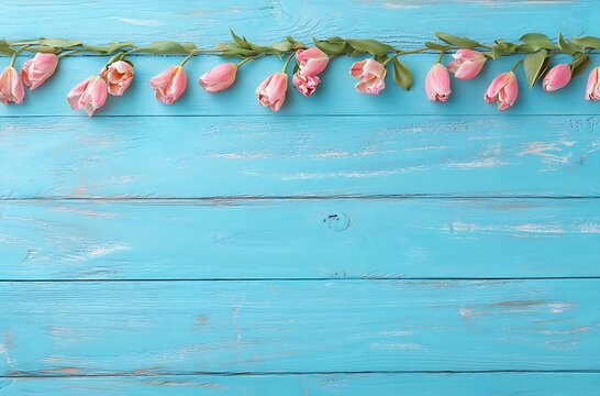 Tulips border on a turquoise wooden spring summer background