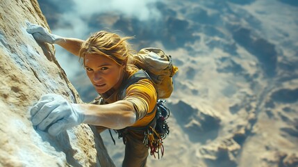 Woman rock climbing a steep cliff face.