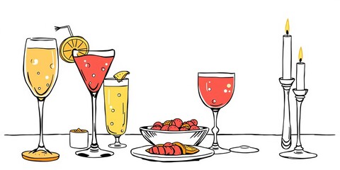 Contemporary minimalist line art illustrations of hand drawn food, candles, drinks, and decor for a dinner party event with coquette ink menu design, food, event