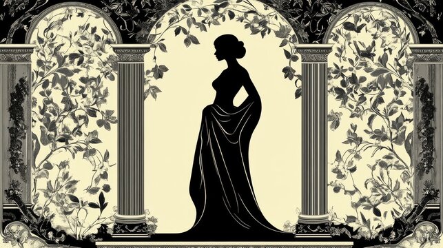 Elegant Woman Silhouette Posing in Ornate Classical Garden Archway..