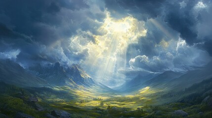 A picturesque landscape showing storm clouds parting, revealing rays of sunlight breaking through