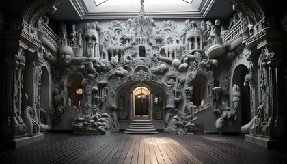 strange house and relief figures on the wall