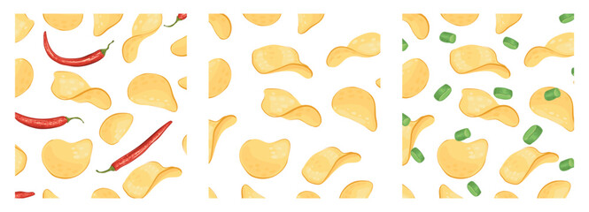 Set of Seamless pattern of potato chips, green onions and red chilly peppers. Vector background. For snack packaging, fast food, decor, design and banners.