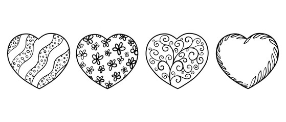 A set of hand drawn stylized hearts illustrations with unique patterns including squiggly lines, swirls, florals, lattices and other decorative elements. Black and white drawing in a minimalist style.