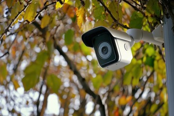 Security camera mounted under colorful autumn leaves in a residential area during daylight