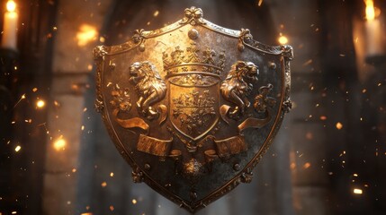 Fototapeta premium A royal heraldic shield with intricate lions, crowns, and banners, glowing softly