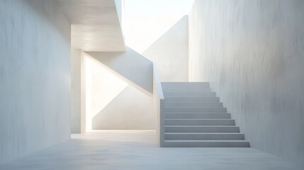 Fototapeta premium Modern minimalist white staircase in contemporary building interior.