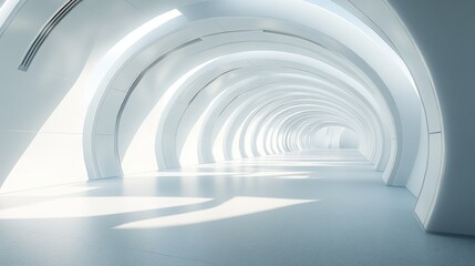 Obraz premium Futuristic white tunnel with arches and sunlight.