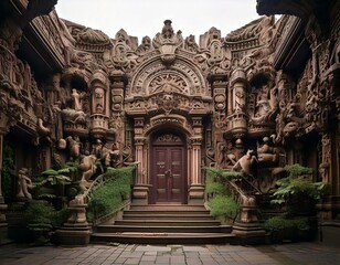 strange house and relief figures on the wall