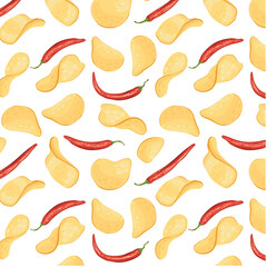 Pattern of potato chips and chili peppers. Vector seamless background for salted chips with red pepper. Wallpaper for packaging, quick snack, advertising, decor.