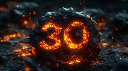Fiery Number Thirty Emblazoned on Molten Rock Amidst Volcanic Ashes..