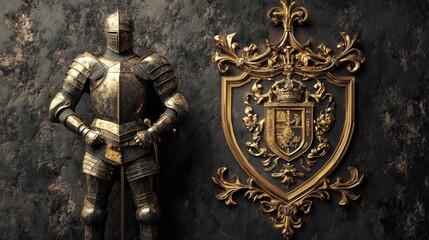 A royal heraldic symbol featuring an armored knight standing beside a family crest