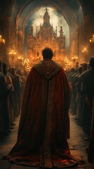 Naklejka premium Royal Figure in a Red Cloak Inside a Grand Cathedral