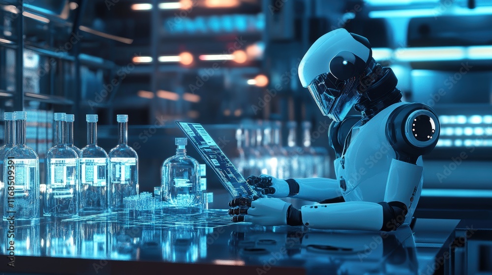 Poster robot analyzing data in a high-tech laboratory futuristic setting digital art sci-fi environment clo