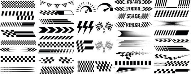 racing stripe vector set, racing flags, checkered patterns, speed lines, arrows, and start finish banners illustration, race element for motorsport designs, race graphics, vector art, and automotive