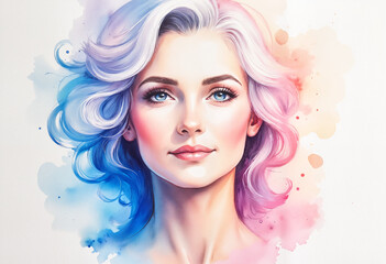 Vibrant portrait of young woman with colorful hair and artistic watercolor splash background