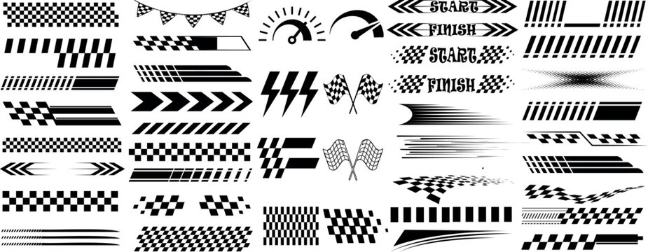 racing stripe vector set, racing flags, checkered patterns, speed lines, arrows, and start finish banners illustration, race element for motorsport designs, race graphics, vector art, and automotive